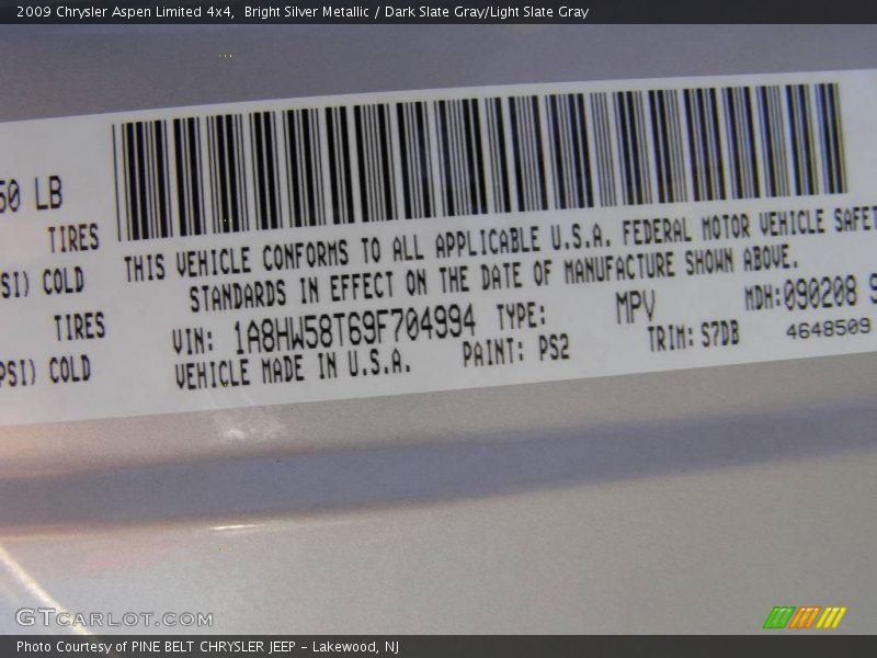 Bright Silver Metallic / Dark Slate Gray/Light Slate Gray 2009 Chrysler Aspen Limited 4x4