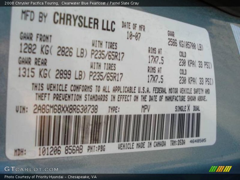 Clearwater Blue Pearlcoat / Pastel Slate Gray 2008 Chrysler Pacifica Touring