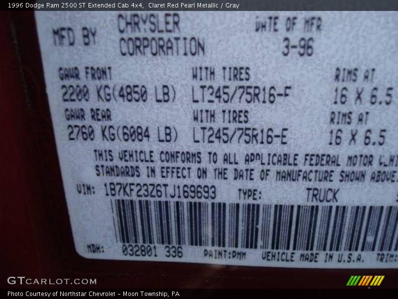 Claret Red Pearl Metallic / Gray 1996 Dodge Ram 2500 ST Extended Cab 4x4