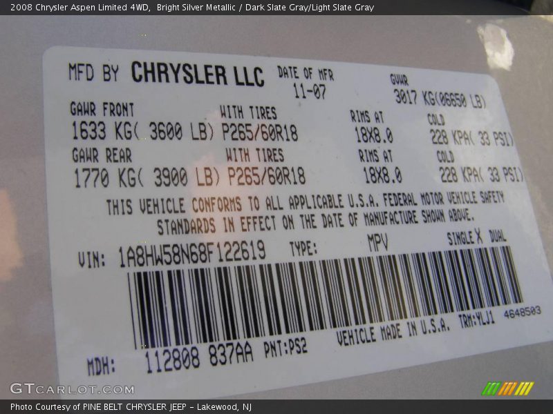 Bright Silver Metallic / Dark Slate Gray/Light Slate Gray 2008 Chrysler Aspen Limited 4WD