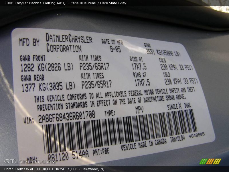 Butane Blue Pearl / Dark Slate Gray 2006 Chrysler Pacifica Touring AWD