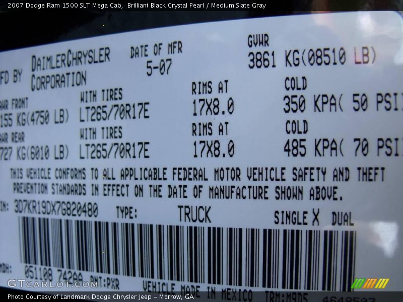 2007 Ram 1500 SLT Mega Cab Brilliant Black Crystal Pearl Color Code PXR