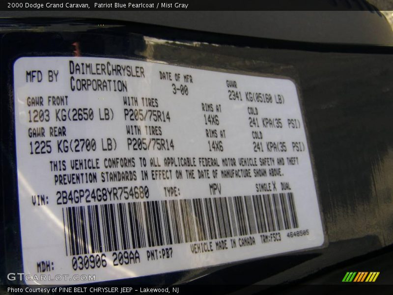 Patriot Blue Pearlcoat / Mist Gray 2000 Dodge Grand Caravan