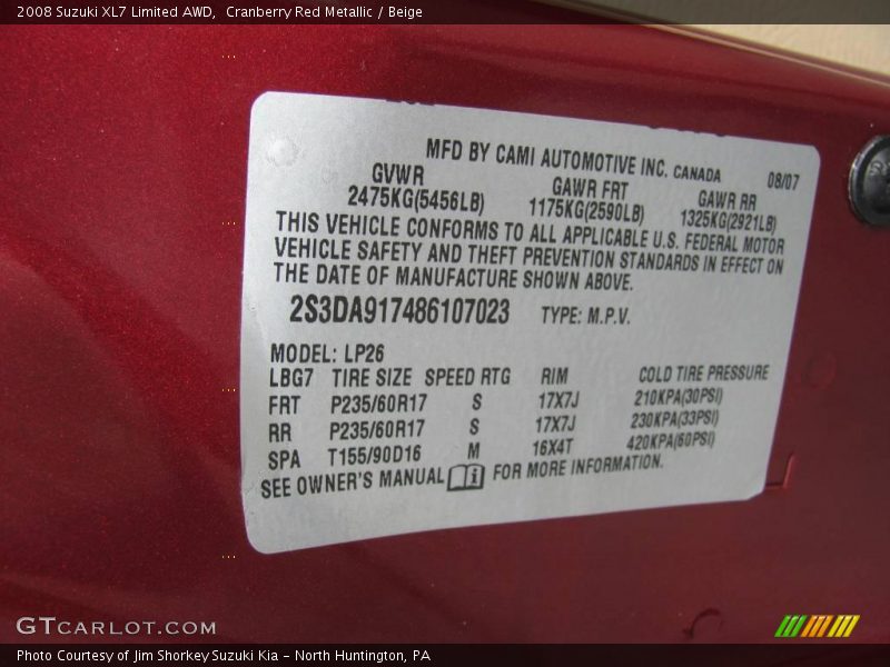 Cranberry Red Metallic / Beige 2008 Suzuki XL7 Limited AWD