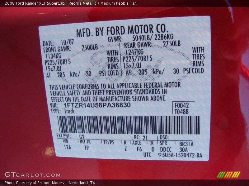 Redfire Metallic / Medium Pebble Tan 2008 Ford Ranger XLT SuperCab