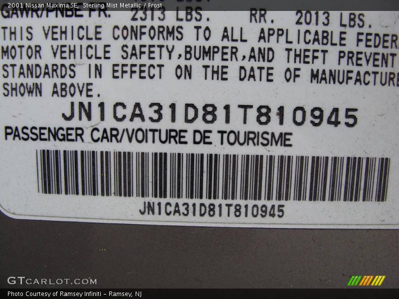 Sterling Mist Metallic / Frost 2001 Nissan Maxima SE