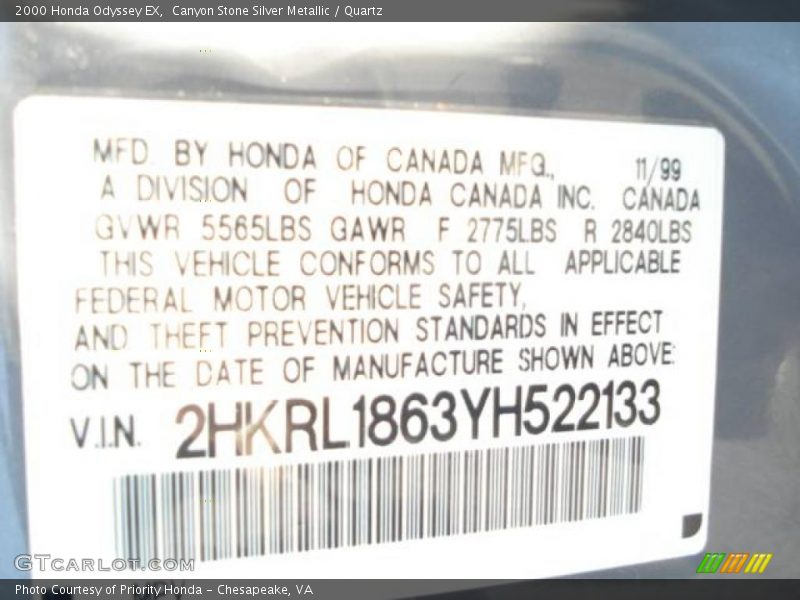 Canyon Stone Silver Metallic / Quartz 2000 Honda Odyssey EX