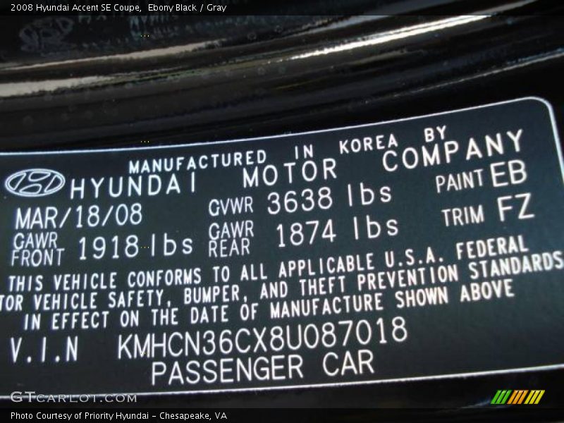 Ebony Black / Gray 2008 Hyundai Accent SE Coupe