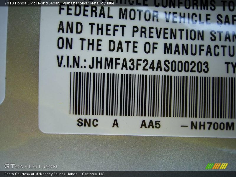 Alabaster Silver Metallic / Blue 2010 Honda Civic Hybrid Sedan
