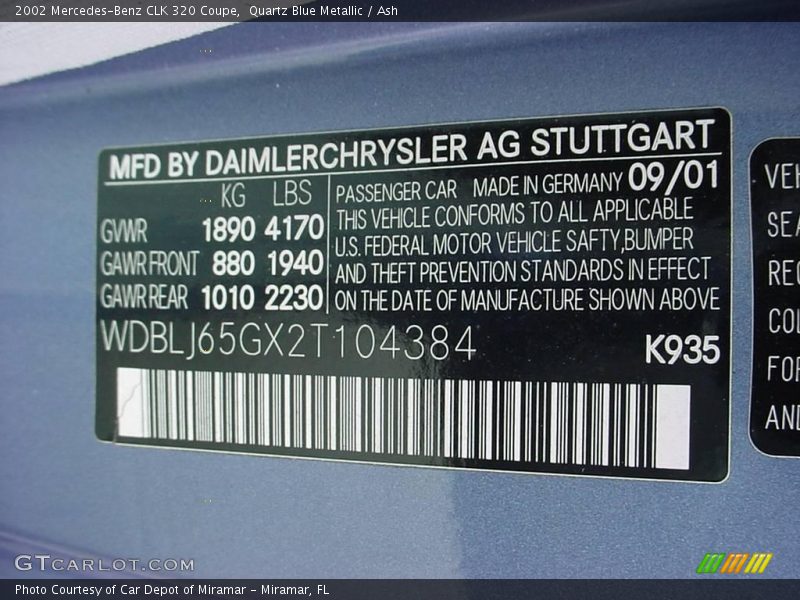 Quartz Blue Metallic / Ash 2002 Mercedes-Benz CLK 320 Coupe