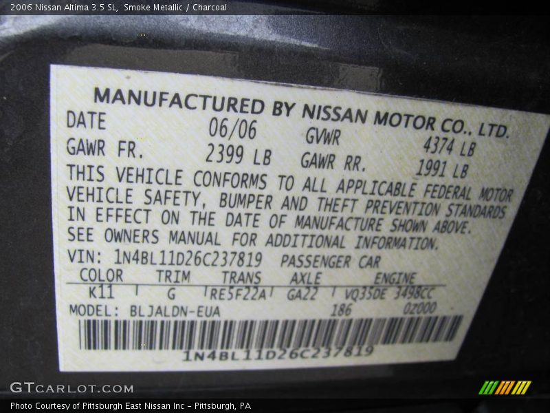 Smoke Metallic / Charcoal 2006 Nissan Altima 3.5 SL