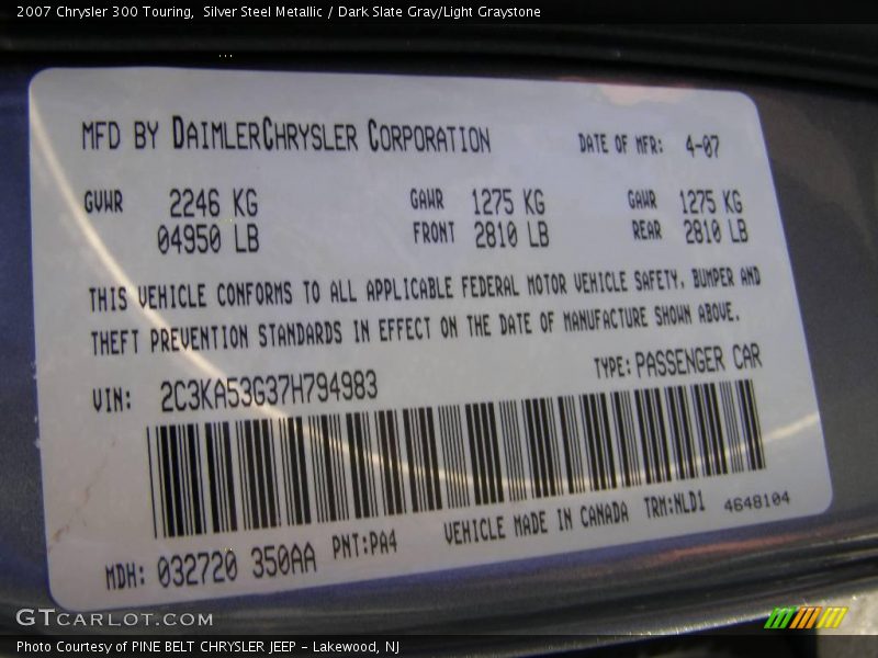 Silver Steel Metallic / Dark Slate Gray/Light Graystone 2007 Chrysler 300 Touring