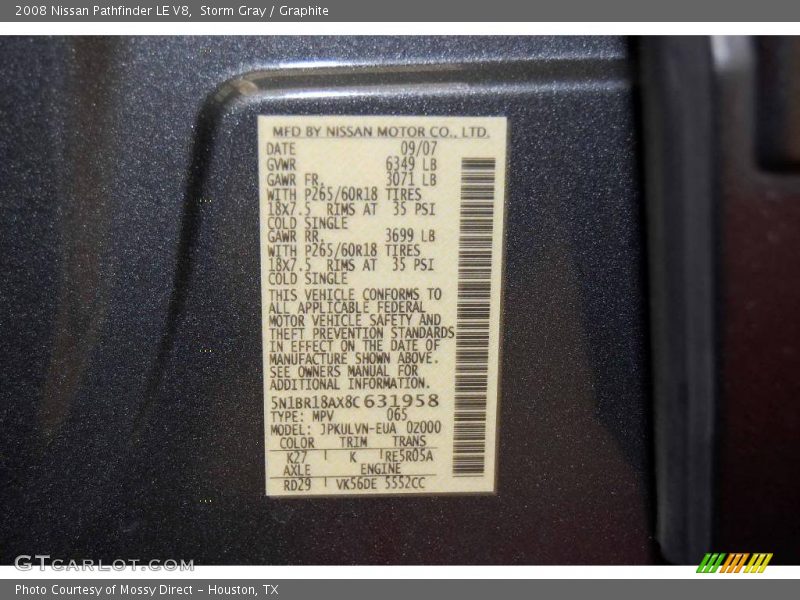 Storm Gray / Graphite 2008 Nissan Pathfinder LE V8
