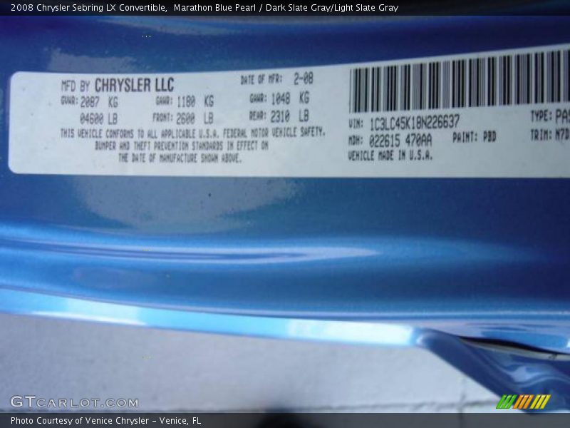Marathon Blue Pearl / Dark Slate Gray/Light Slate Gray 2008 Chrysler Sebring LX Convertible