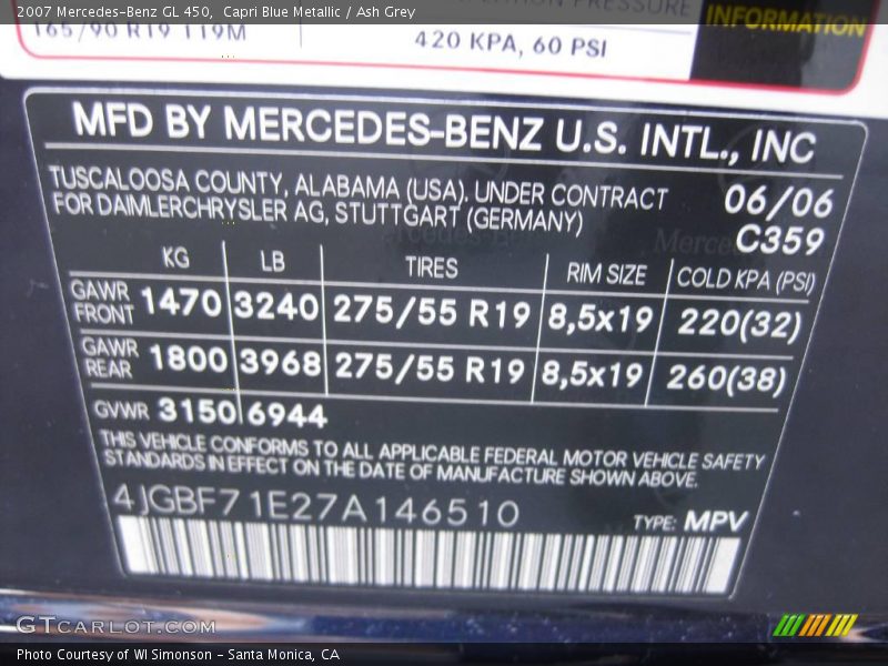 Capri Blue Metallic / Ash Grey 2007 Mercedes-Benz GL 450