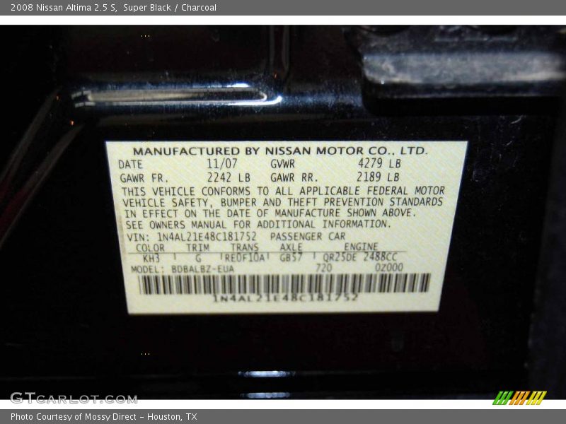 Super Black / Charcoal 2008 Nissan Altima 2.5 S