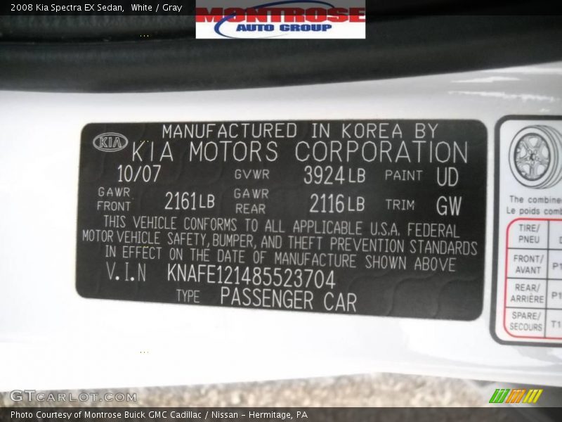 White / Gray 2008 Kia Spectra EX Sedan