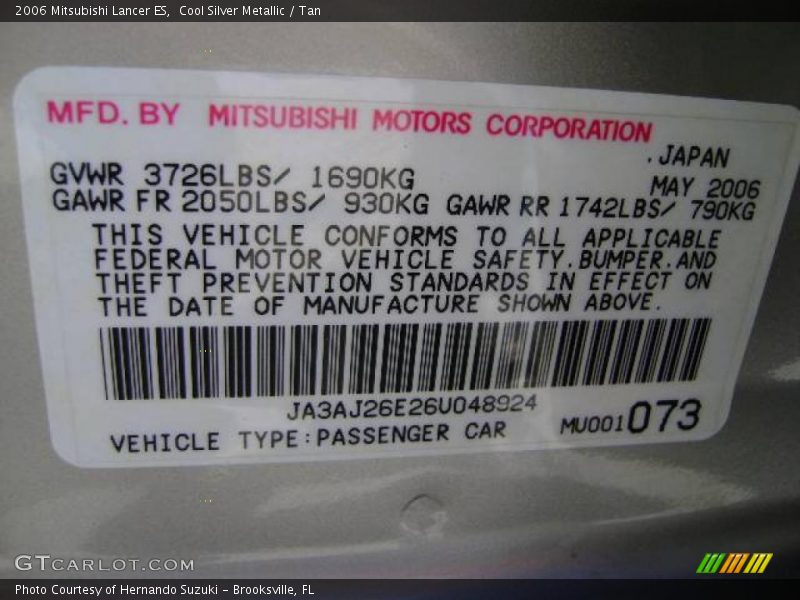 Cool Silver Metallic / Tan 2006 Mitsubishi Lancer ES