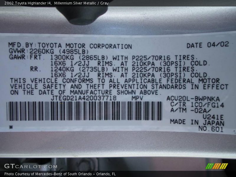 Millennium Silver Metallic / Gray 2002 Toyota Highlander I4