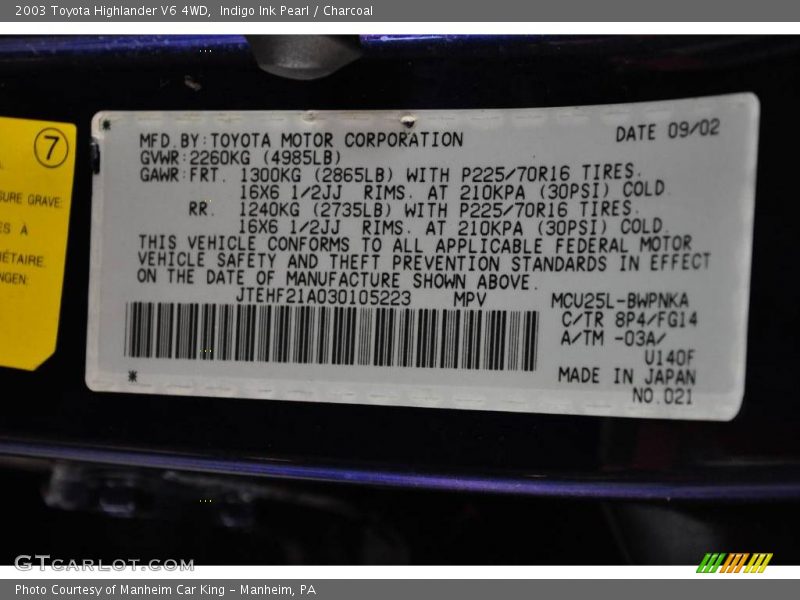 Indigo Ink Pearl / Charcoal 2003 Toyota Highlander V6 4WD