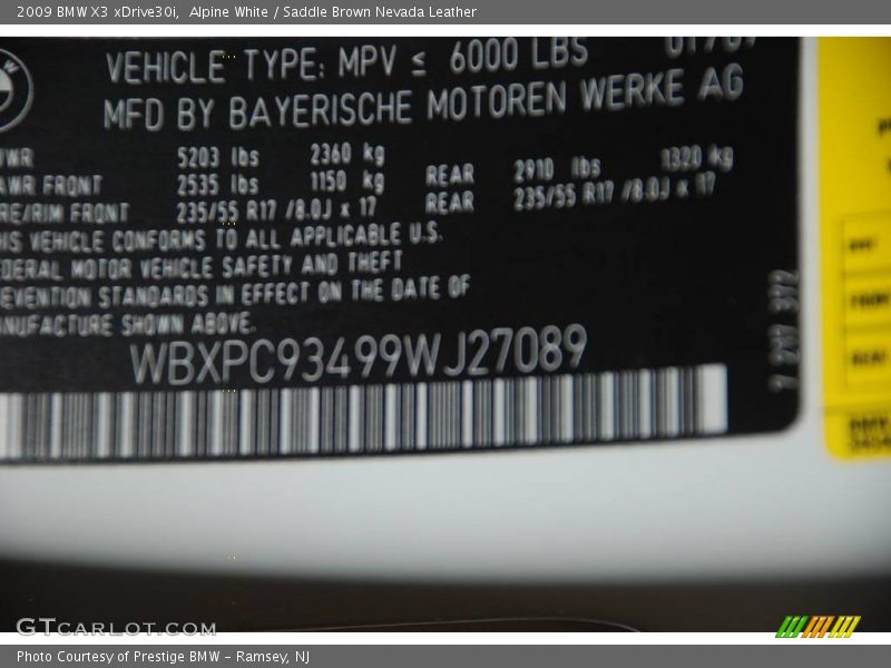 Alpine White / Saddle Brown Nevada Leather 2009 BMW X3 xDrive30i