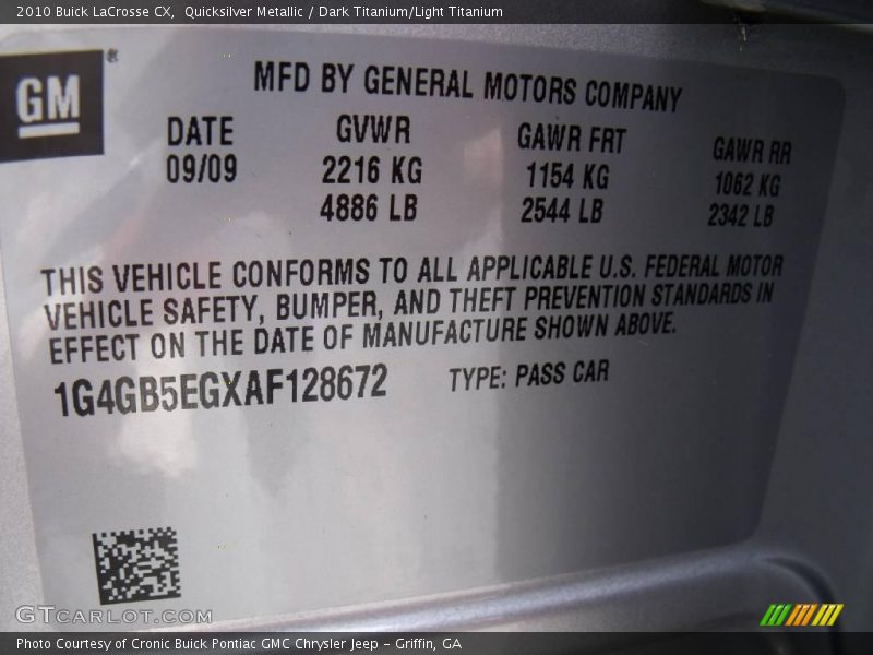 Quicksilver Metallic / Dark Titanium/Light Titanium 2010 Buick LaCrosse CX
