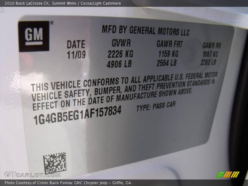 Summit White / Cocoa/Light Cashmere 2010 Buick LaCrosse CX