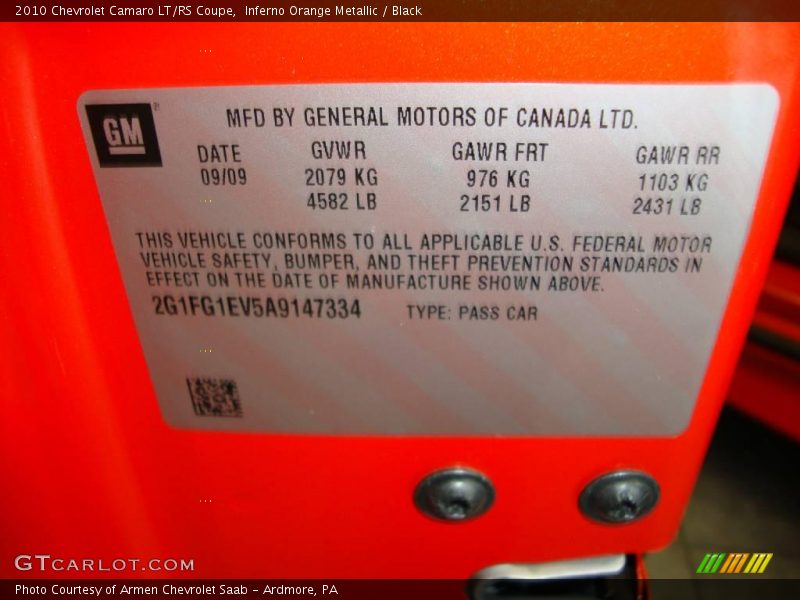 Inferno Orange Metallic / Black 2010 Chevrolet Camaro LT/RS Coupe