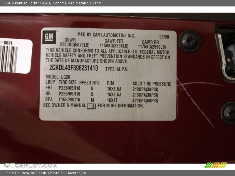 Sonoma Red Metallic / Sand 2009 Pontiac Torrent AWD