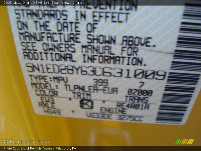 Solar Yellow / Charcoal 2003 Nissan Xterra XE V6 4x4