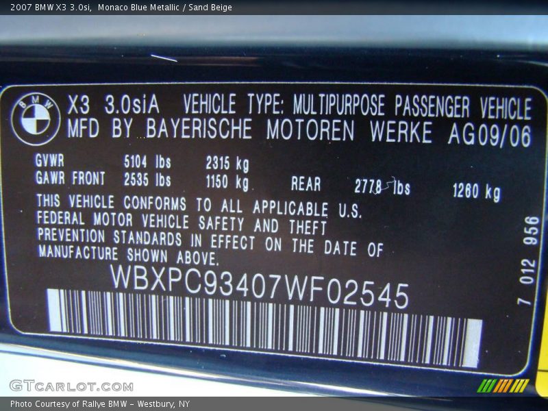 Monaco Blue Metallic / Sand Beige 2007 BMW X3 3.0si