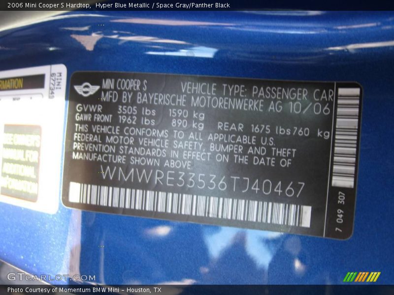 Hyper Blue Metallic / Space Gray/Panther Black 2006 Mini Cooper S Hardtop