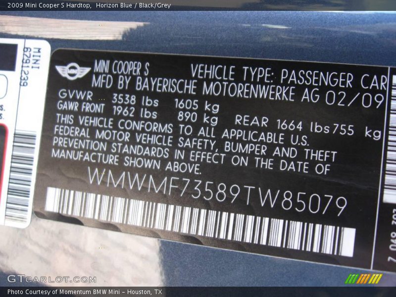 Horizon Blue / Black/Grey 2009 Mini Cooper S Hardtop