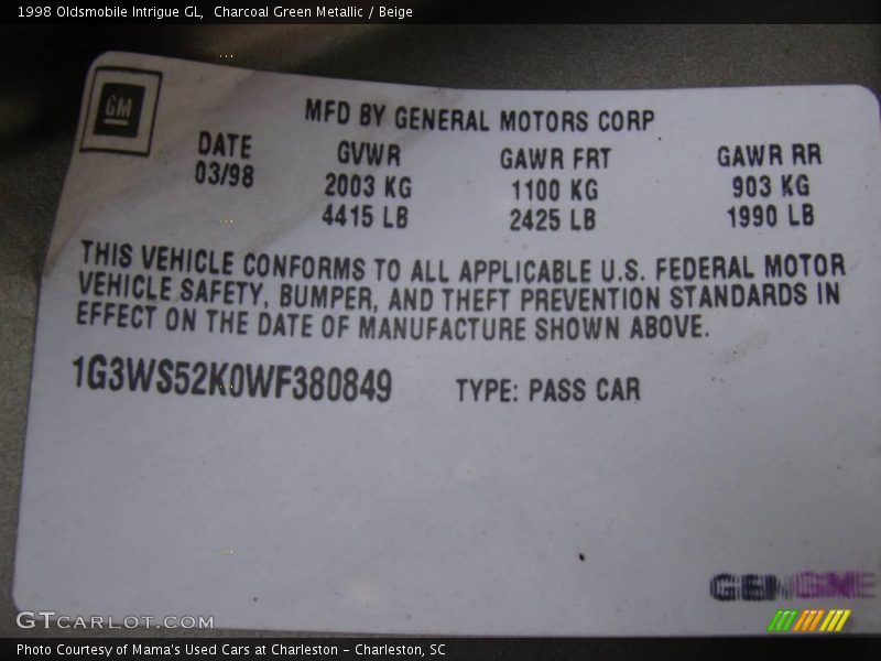Charcoal Green Metallic / Beige 1998 Oldsmobile Intrigue GL