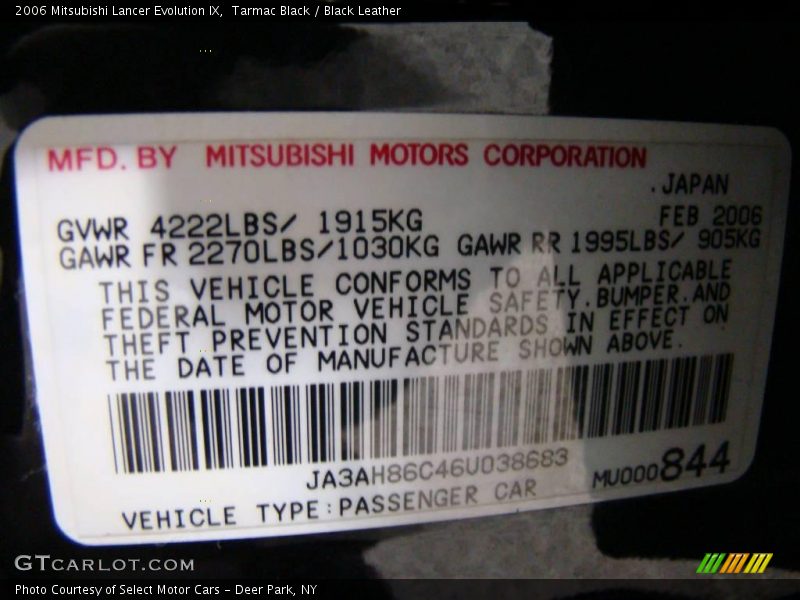 Tarmac Black / Black Leather 2006 Mitsubishi Lancer Evolution IX
