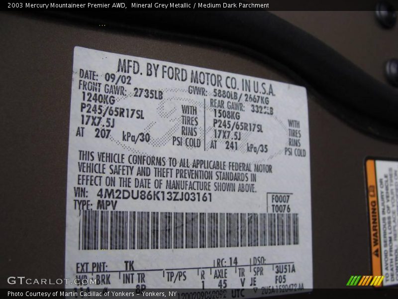 Mineral Grey Metallic / Medium Dark Parchment 2003 Mercury Mountaineer Premier AWD