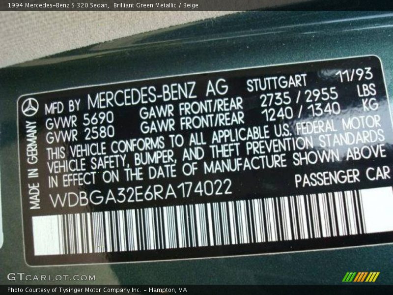 Brilliant Green Metallic / Beige 1994 Mercedes-Benz S 320 Sedan
