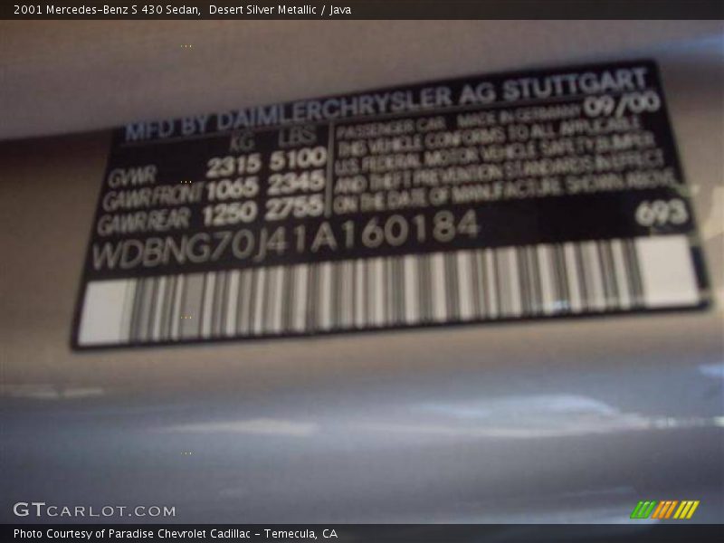 Desert Silver Metallic / Java 2001 Mercedes-Benz S 430 Sedan