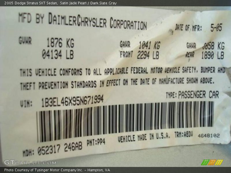 Satin Jade Pearl / Dark Slate Gray 2005 Dodge Stratus SXT Sedan