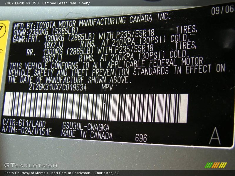 Bamboo Green Pearl / Ivory 2007 Lexus RX 350