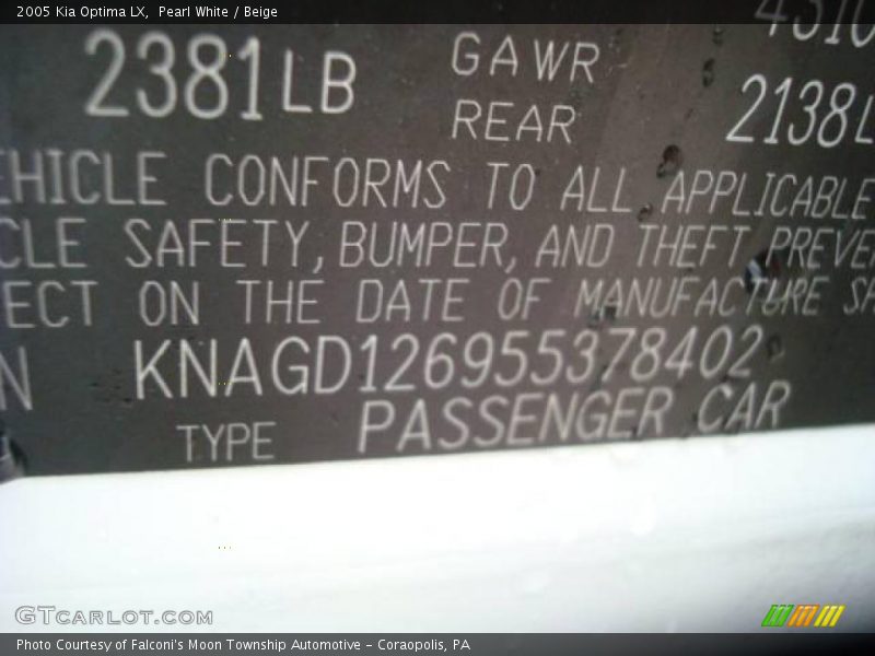 Pearl White / Beige 2005 Kia Optima LX