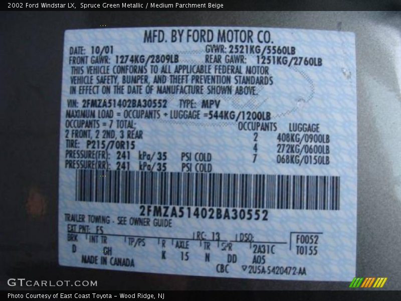 Spruce Green Metallic / Medium Parchment Beige 2002 Ford Windstar LX