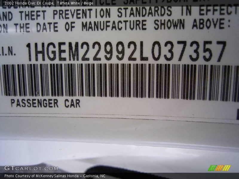 Taffeta White / Beige 2002 Honda Civic EX Coupe