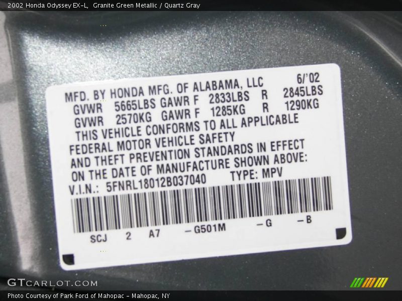 Granite Green Metallic / Quartz Gray 2002 Honda Odyssey EX-L