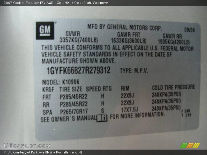 Gold Mist / Cocoa/Light Cashmere 2007 Cadillac Escalade ESV AWD