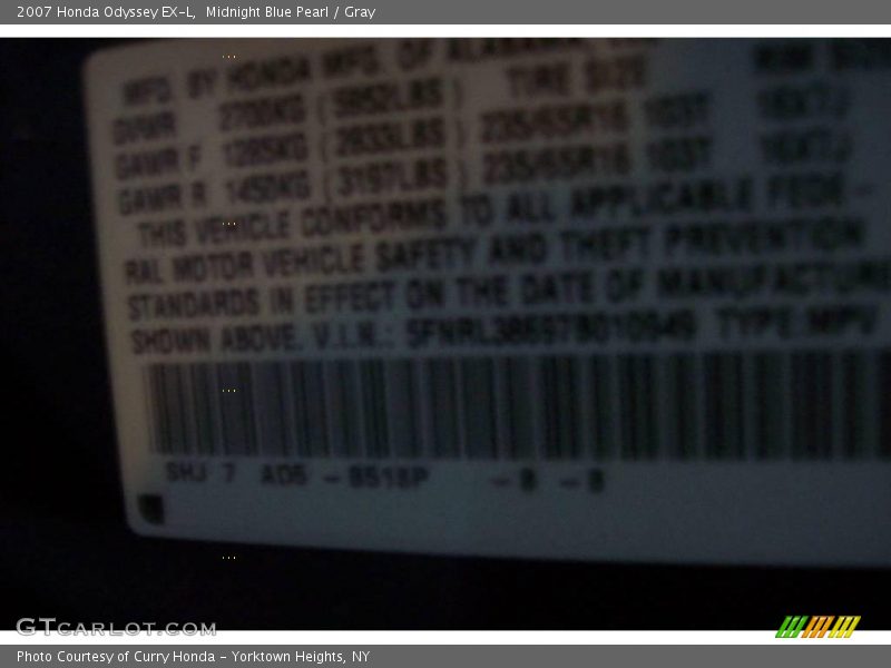 Midnight Blue Pearl / Gray 2007 Honda Odyssey EX-L