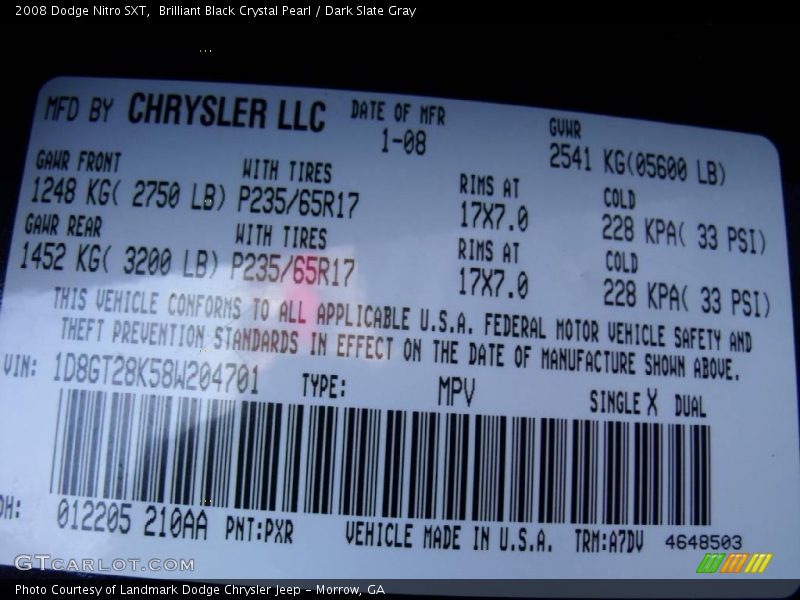 2008 Nitro SXT Brilliant Black Crystal Pearl Color Code PXR