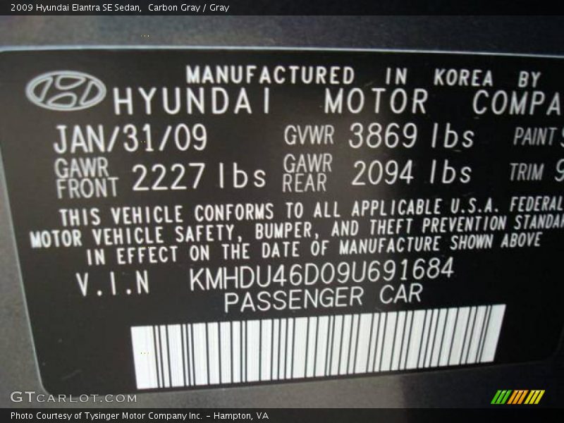 Carbon Gray / Gray 2009 Hyundai Elantra SE Sedan