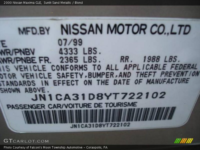 Sunlit Sand Metallic / Blond 2000 Nissan Maxima GLE