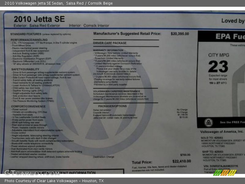 Salsa Red / Cornsilk Beige 2010 Volkswagen Jetta SE Sedan
